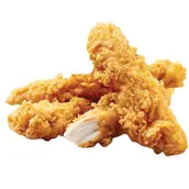 Three crispy fried chicken tenders on a white background.