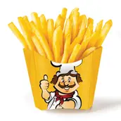 French fries in a yellow carton with a cartoon chef mascot on the front, ready to eat.